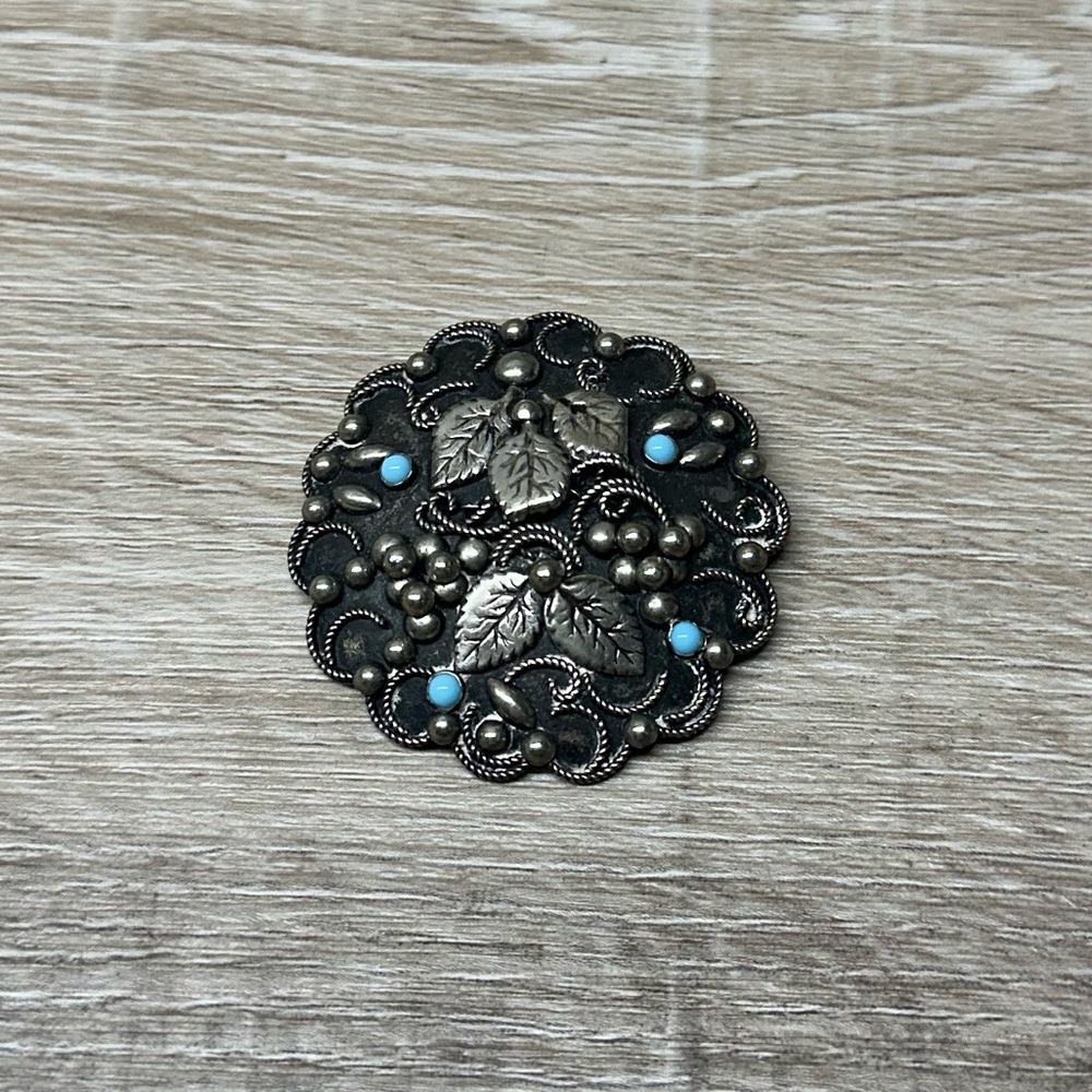 Vintage Sterling Silver Floral Brooch with Turquoise‎ Accents